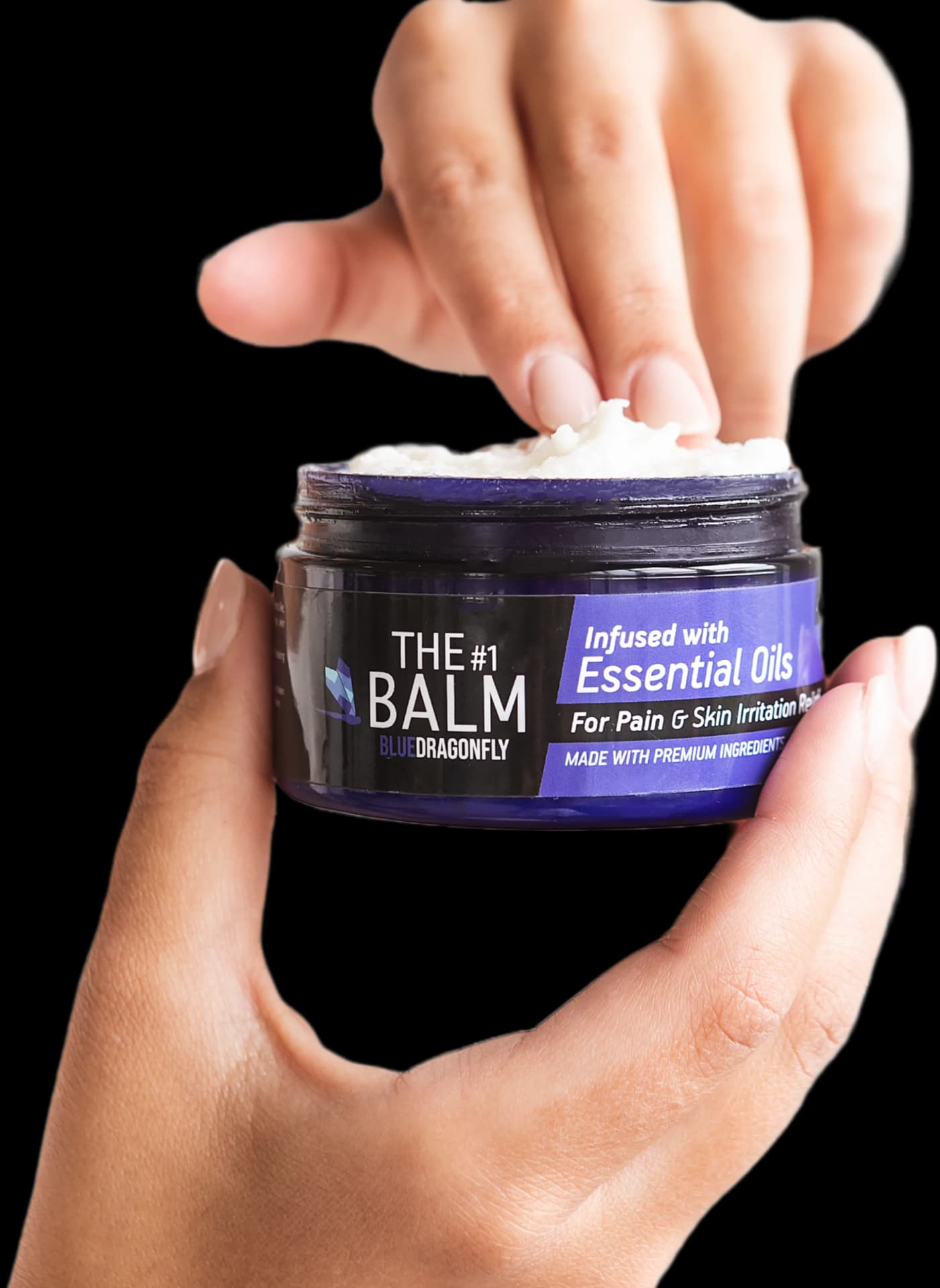 fingers touching the balm inside a pain balm